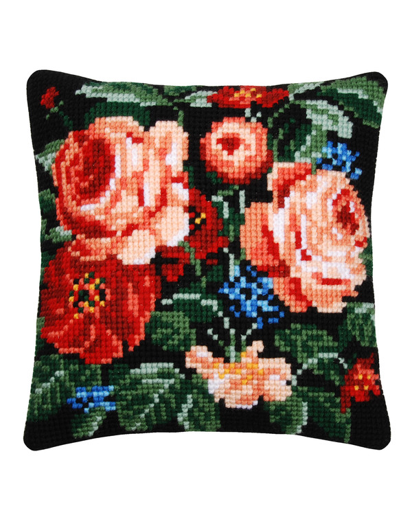Broderikit Kudde Rosor på svart